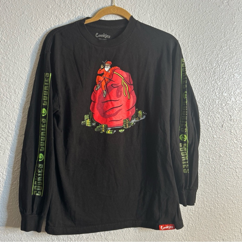 Cookies Santa Money Bag Black Long Sleeve T-shirt Size Medium